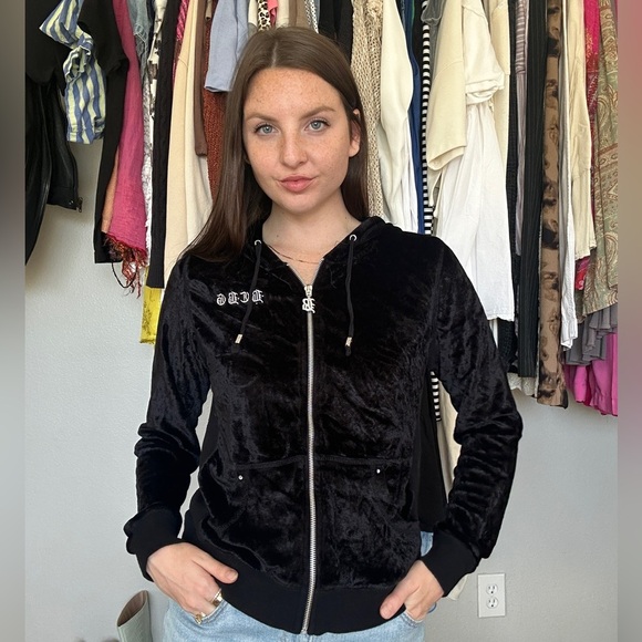 BCBG Velvet Zip-Up Hoodie Black Gothic Crown Y2K Size S - Picture 1 of 7